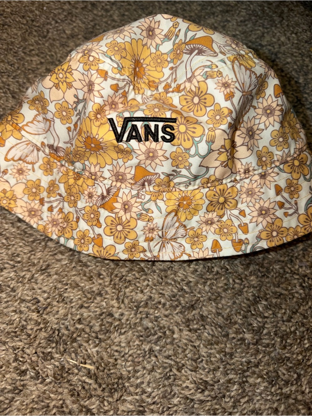 VANS Floral Bucket Hat Small White Yellow Brown Flower Pattern